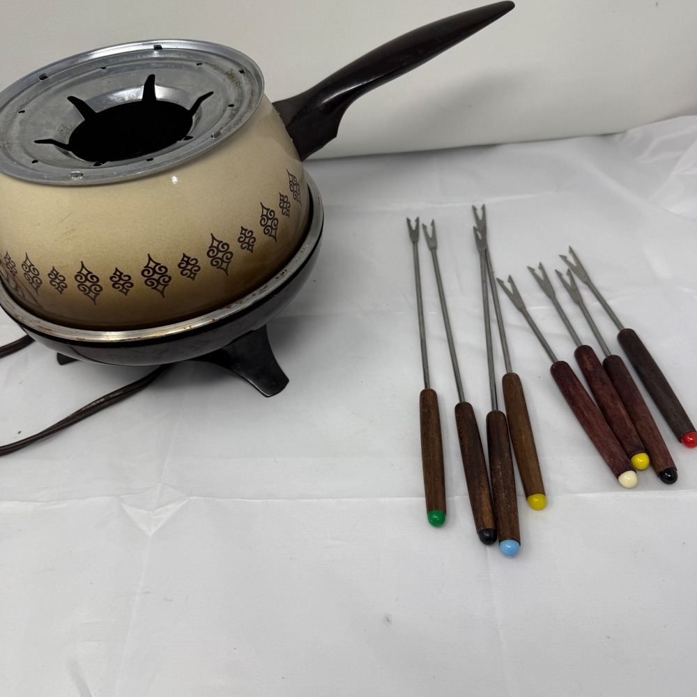 Vtg Oster Electric Almond Fondue Pot Set 701-03A Mid Century Modern‎ 8 Forks USA